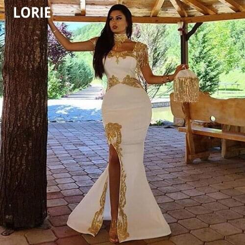 LORIE Elegant Moroccan Caftan Evening Dress Mermaid Dubai Gold Lace Appliques Formal Prom Party Celebrity Kaftan Gowns 2021