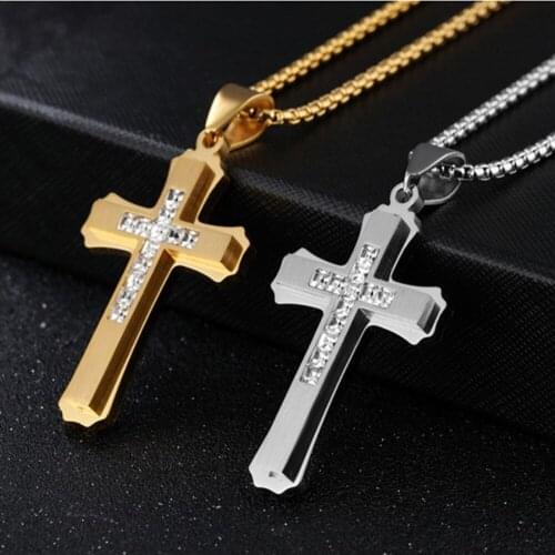 Rhinestone Cross Pendant Necklace for Men Womens Chain Gold Silver Stainless Steel Chain Box