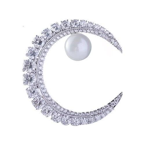 Clear Zircons Pearl Crescent Moon Ornament Collar Pin Brooch Fashion Costume Silk Scarf.Jewelry Accessory