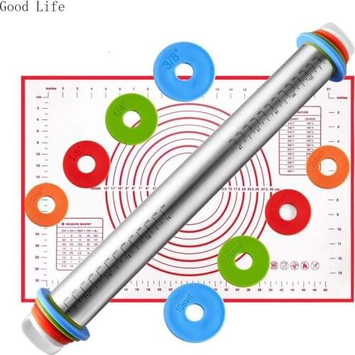 Adjustable Rolling Pin Dough Mat Dough Roller Stainless Steel Fondant Paste Cake Tool Dough Roller 4 Removable Ring For Pizza
