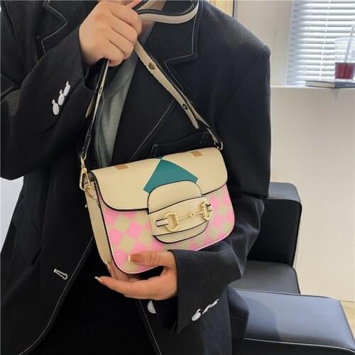 Retro Luxury Geometric Print Saddle Bag Stitching Women Shoulder Bags PU Leather Crossbody Bag Designer Handbag and Purse Female
