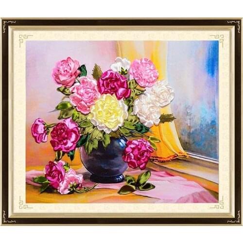 Needlework,DIY Ribbon Cross stitch Sets for Embroidery kit,Window Peony Flower ribbon Cross-Stitch handwork wedding wall decor