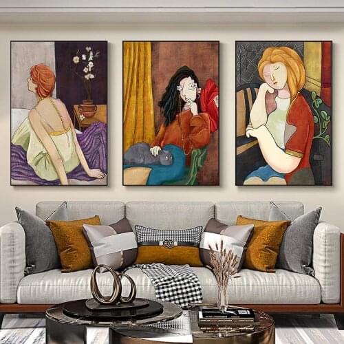 Nordic Abstract Figure Canvas Posters and Print Retro Style Girl Portrait Oil Paintings on Canvas Wall Pictures for Home Cuadros
