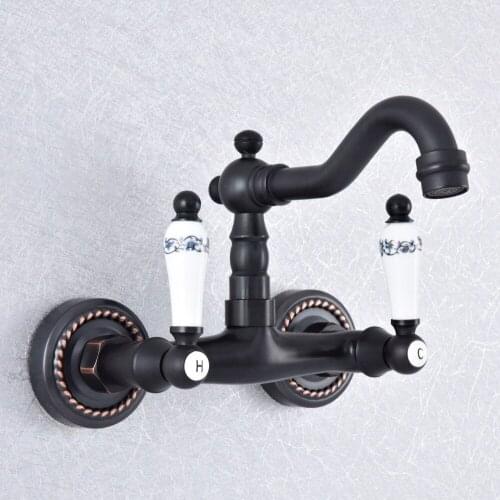 Basin Faucets Oil Rubbed Bronze Bathroom Swivel Spout Faucet Wall Mounted Dual Ceramic Handles Vessel Sink Mixer Taps zsf745