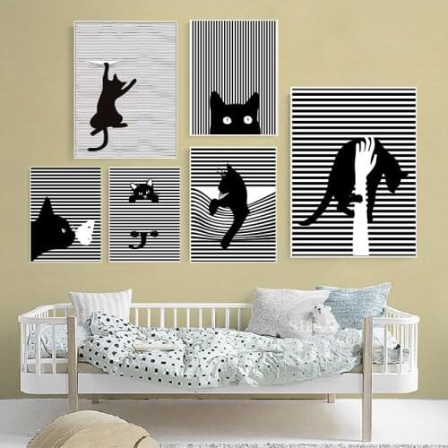 Modern Abstract Black White Stripes Cats Canvas Poster Print Nordic Unique Decor Animal Wall Art Pictures For Room Home Living