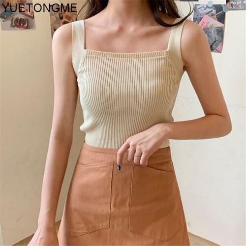2021 Knitted Top Women Sleeveless Basic T Shirts Casual Summer Blue Deep Neck Tank Top Vintage Fashion TSP176