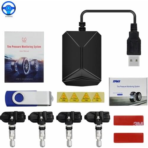 USB Android TPMS Car Tire Pressure Monitor with 4 External Sensors 116 psi Monitoring Alarm System 5V Wireless Transmission TPMS