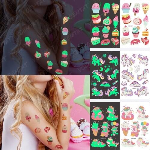 Waterproof Temporary Tattoo Stickers Children Kids Luminous Cartoon Cake Ice Cream Girl Tatoo Body Art Glowing Arm Fake Tatto