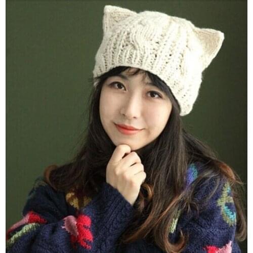 Lovely Cat Ears Knitted Hat Women Solid Color Winter Warm Hats Lady Kawaii Winter Beanies Casual Wool Caps