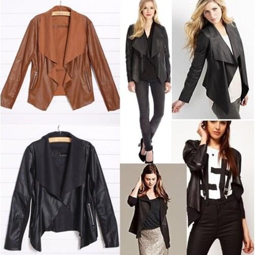 Women Fashion Long Sleeve PU Leather Jacket Casual Short Slim Soft Zipper Outcoat