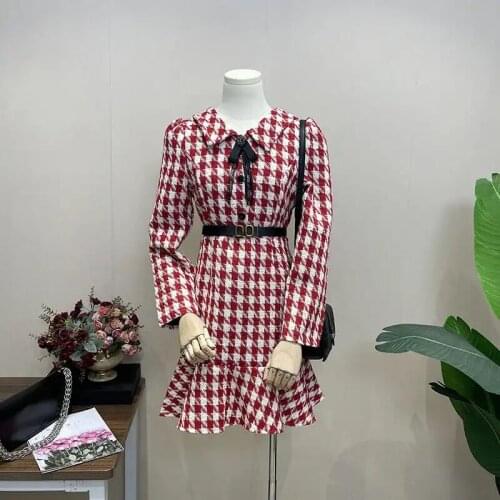 Womens Bow-Knot Outerwear Party Autumn French Mermaid Red Plaid Dress Female S-XL Turn Collar