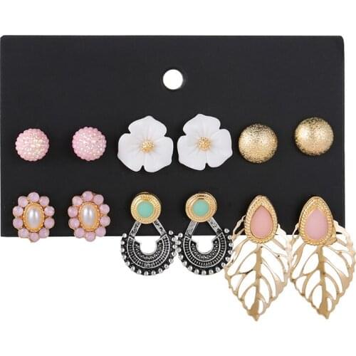 2019 Fashion Female Vintage Rhinestone Crystal Stud Earrings Set For Women Trendy Gold Metal Geometric Leaf Flower Earring Gifts