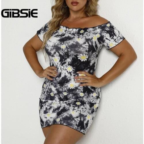 GIBSIE Tie Dye And Daisy Print Off Shoulder Dress Women Plus Size Casual Sexy Summer Short Sleeve Bodycon Mini Dresses 2021