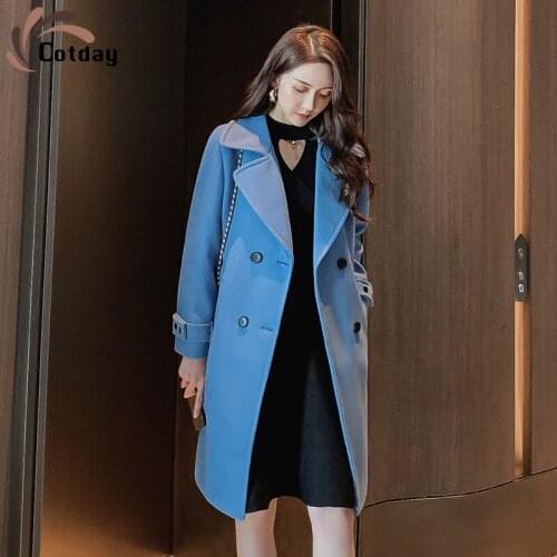 Cotday Slim Solid Casual Sweet 2021 Fashion New Womens Mid Long V-Neck Thin Double-breasted For Women Winter Warm Woolen Coats