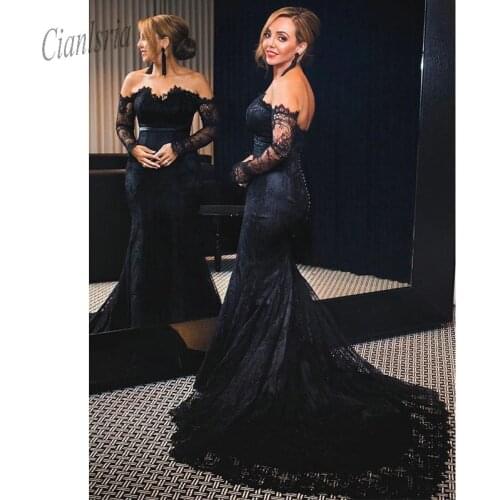 2020 Plus Size Long Sleeves Prom Dress Elegant Party Gown Off the Shoulder Long Lace Mermaid Black Evening Dress