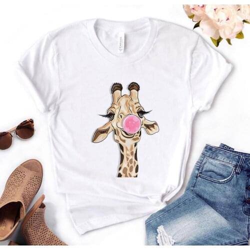 Giraffe chewing gum blowing bubble Print Women Tshirts Cotton Casual Funny t Shirt For Lady Yong Girl Top Tee Hipster PH-41