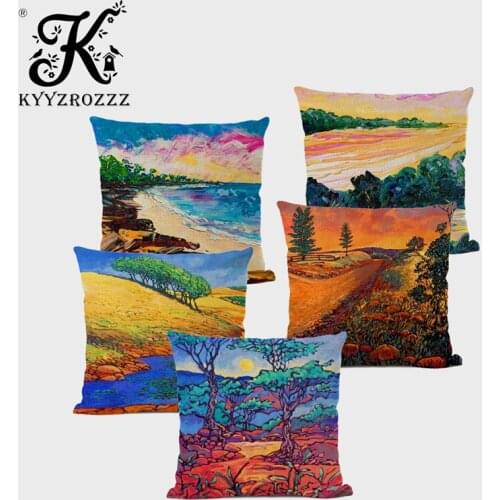 Oil Painting Decorative Cushion Cover Garden Forest Trees River Plants Sea Printing Home Sofa Furnishings Throw Pillowcase