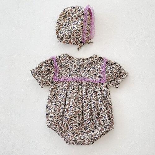 Baby Girls Violet Lace Short Sleeve Romper Hat Summer 2021 New Clothes For Newborns Overalls Shorts Ins Style Infant Bodysuits