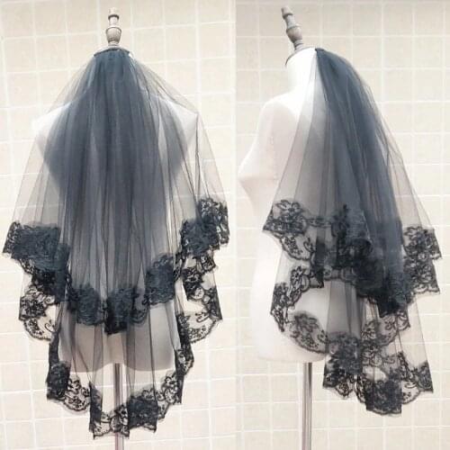 Two-Layers Black Veil Embroidery Floral Lace Edge Mantilla Wedding Veils With Comb Women Girl Party Cosplay Veils Bridal