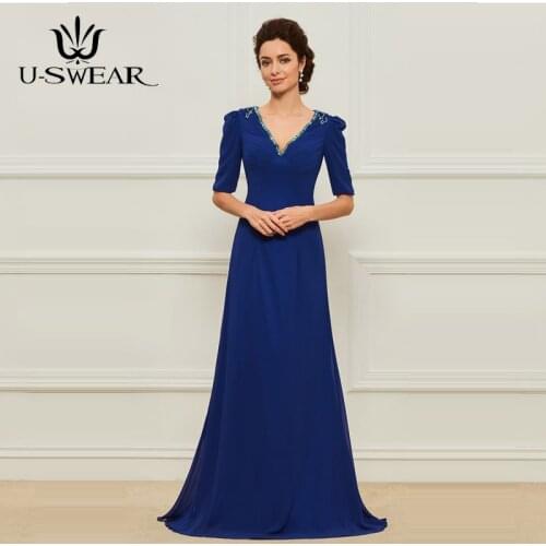 Elegant Mother of The Bride Beaded V-Neck Half Sleeves Wedding Party Long Dress Mother of The Groom Gown Vestido Mae Da Noiva
