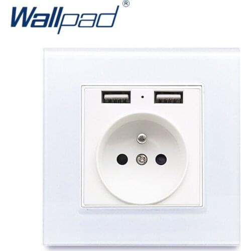 French Socket with 2.1A Two USB Charging Ports Wallpad Glass Frame Power Outlet EU French Wall Socket with 2 USB Ports