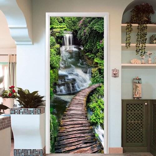 Hot Door Mural Waterfall Bridge Door Sticker DIY Self-adhesive Waterproof Wallpaper Poste for Home Decoration Gift