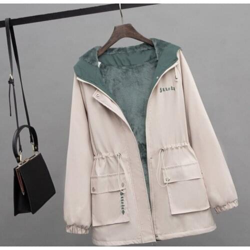 Hoodied Short Jacket Womens Spring& Autumn New Korean Plus Velvet Thick Windbreaker All Match Casual LooseTrench Coat Female