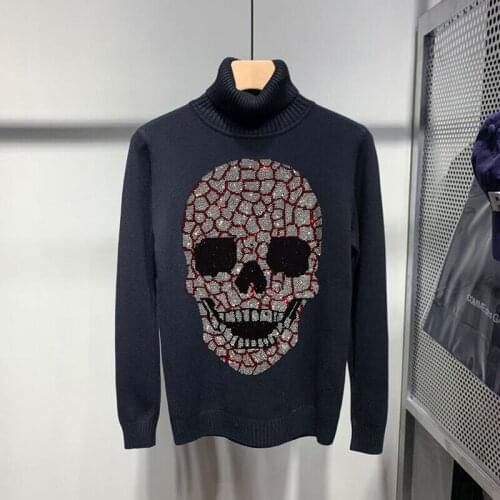 European Personality Blouse Style Turtleneck Mens Sweater Cashmere Sweatshirt Hot Drilling Skull Pullover Brand