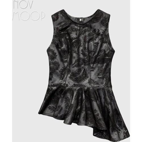 Novmoop genuine leather women topc comes in two version solid color and floral printed one elegant office lady wear vest LT3512