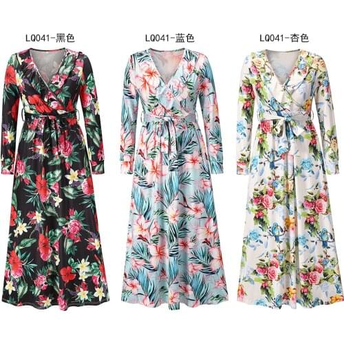 Long sleeve slim print Floral Dress Lace Up Dress NEW
