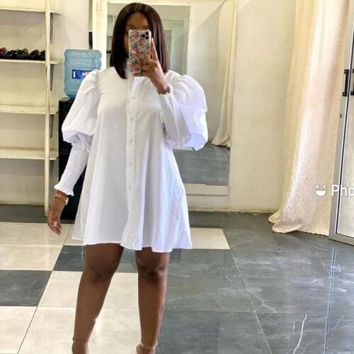 Lantern Sleeve White Shirt Dress Women Turn-down Collar Button Up Blouse Dress Streetwear Oversized Loose Casual Dresses Tunics