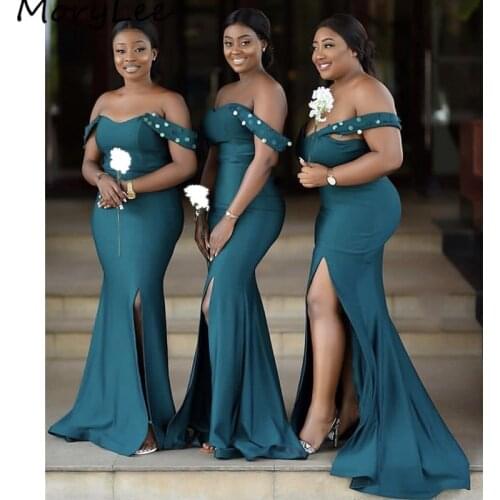 Bridesmaid Dresses African Green Sexy Sweetheart Floor Length Sweep Train Side Slit Silk Satin Wedding Party Bridemaid Dresses
