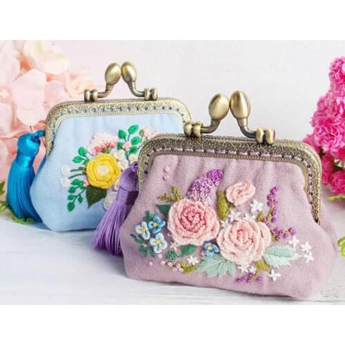 DIY Ribbon Flowers Embroidery Wallet for Beginner Needlework Kits Cross Stitch Series Arts Crafts DIY Coin Purse Materials Kit