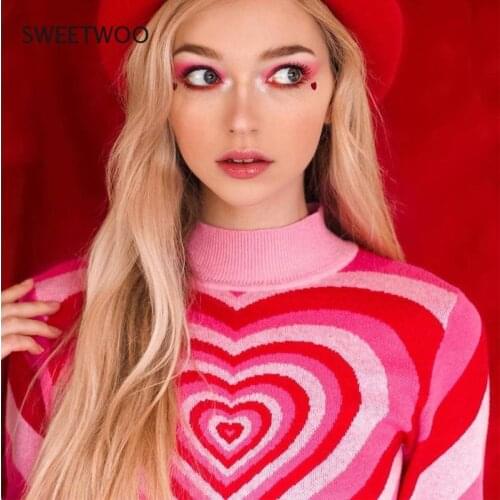 Love Sweater Womens Autumn Retro Womens Explosive Models Color Matching Rainbow Half High Neck Slim Net Red Pullover Sweat