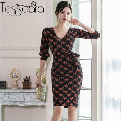 TESSCARA Women Summer Elegant V-Neck Pencil Dress Festa Female High Quality Office Cocktail Party Robe Femme Designer Vestidos