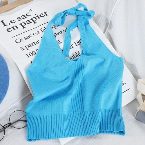 Women Halter Knit Crop Top Summer Solid Sexy V Neck Short Top Knitted Going Out Backless Casual Crop Top For Women