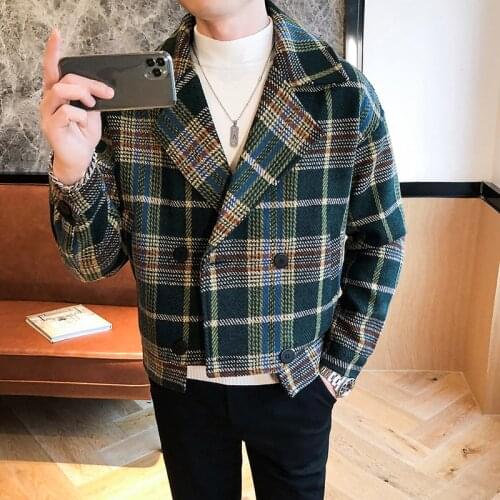 Autumn Winter Men Woolen Trench Coats Short Slim Fit Korean Plaid Fashion Jacket Mens Double-Breasted Casual Tweed Coats Hommes
