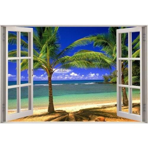 Tropical Beach through Window Art Film Print Silk Poster Home Wall Decor 24x36inch