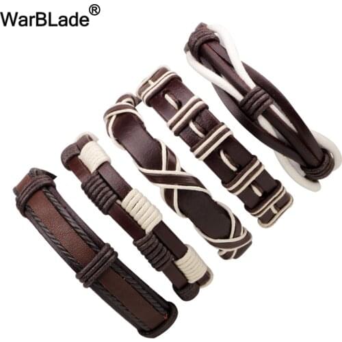 WarBLade DIY 5pcs/Set Genuine Leather Bracelet Vintage Men Charm Multilayer Braided Bracelet Bangle Punk Wrap Wristband For Male