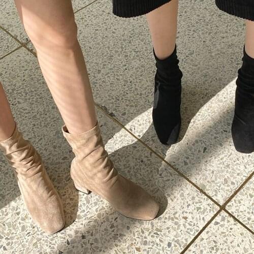 Women Ankle Boots Leather Size 33-42 Ankle Boots Square Head Thick Heel Side Winter Shoes Women Beige Brown Black