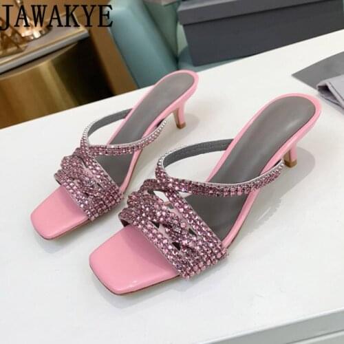 Hot Sale Ethnic Crystal Beads Slippers Woman Open toe kitten heel Rhinestone Slippers Summer Luxury Brand Mules Shoes Mujer