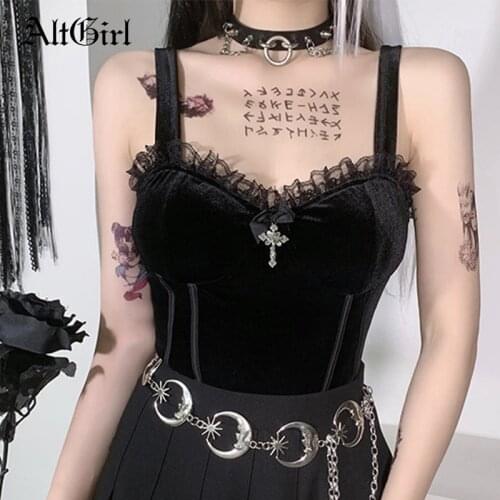 AltGirl Emo Alt Gothic Dark Velevt Camis Women Punk Black Lace Trim Cross Slim Crop Tank Tops Y2k Harajuku Grunge Mall Goth Vest