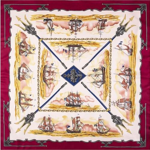 Twill Silk Women Scarf 130*130 cm Euro Design Sailboat Print Square Scarves Brand Gift Fashion Large Silk Shawls Wraps