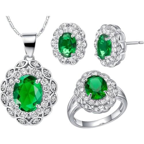 Seanlov 2019 New Fashion Green Dark Blue Oval Crystal Cubic Zirconia Engagement Jeweley For Women Earing Necklace Jewelry