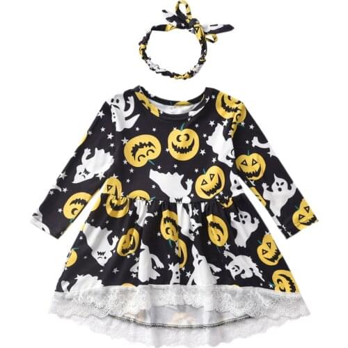 18M-5Y Kids Girls Dress with Headband Cartoon Pumpkin Print O-Neck Long Sleeve Dress with Bowknot Headband Halloween Dress