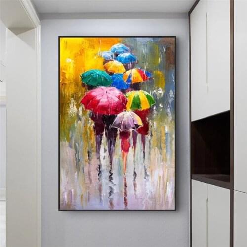 Abstract Painting on Canvas People In The Rain with Colorful Umbrellas Poster and Print Wall Art Picture for Home Decoration