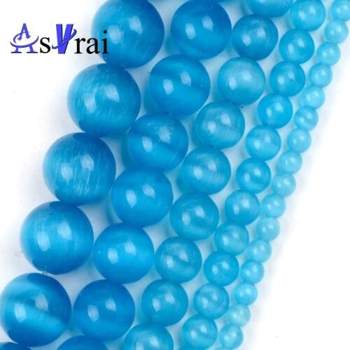 Natural Stone 4 6 8 10 12mm Lake Blue Cat Eye Beads For Jewelry Making Round Loose Spacer Beads DIY Bracelet Necklace Charms 15"