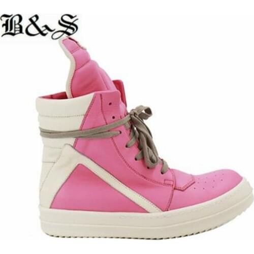 Black& Street High-TOP Pink Leather unisex rock street trainer geobasket Boots real leather TPU sole handmade customized shoes