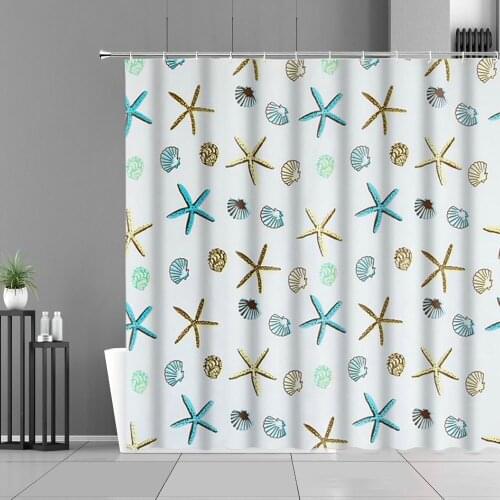 Blue Yellow Starfish Children Shower Curtain Coconut Tree Beach Sea Wave Scenery Bathroom Curtains Waterproof Home Decor Cloth