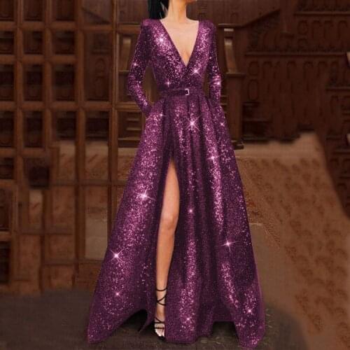 Purple Muslim Evening Dresses 2020 V-Neck Sequins Formal Dress With Pockets High Slit Elegant Long Sleeve Prom Dress